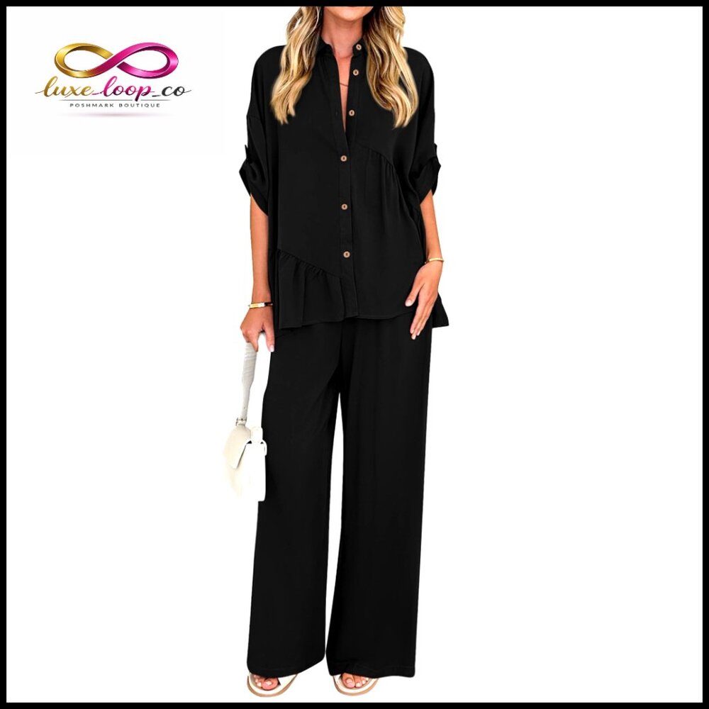 Large Polyester Two-Piece Set Button Down Shirt W… - image 1